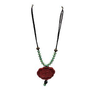 Handcrafted Faux Cinnabar Turquoise Beaded Necklace With Floral Pendant By Chico